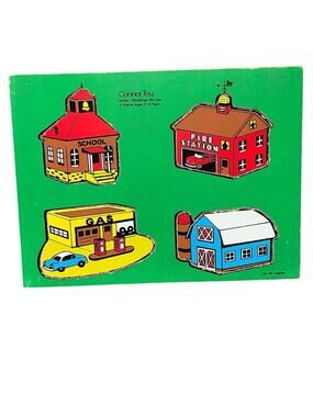 2 CONNOR Toy Vintage Wooden Puzzles Primary Colors Farm Buildings Animals